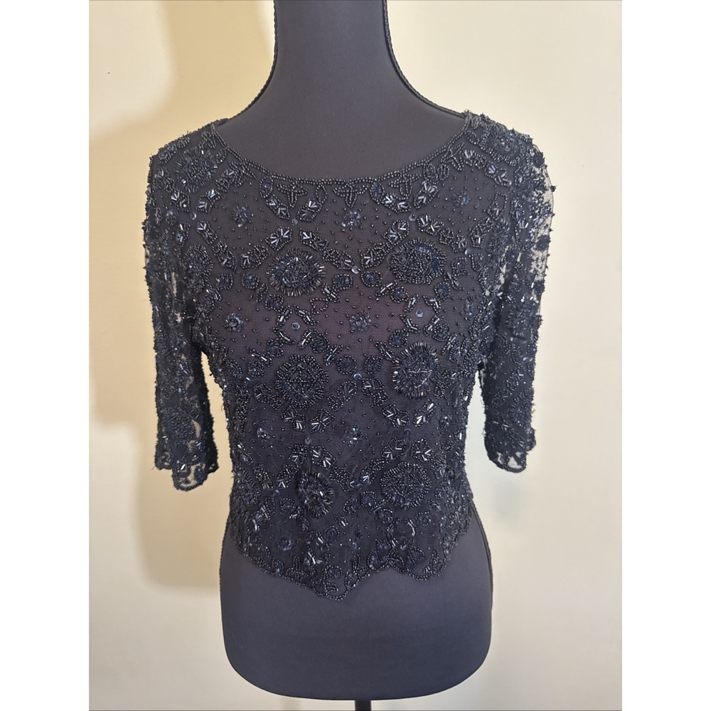 Vintage Stenay Beaded Top Black Sheer Womens Size 8 Formal Evening Gorgeous!
